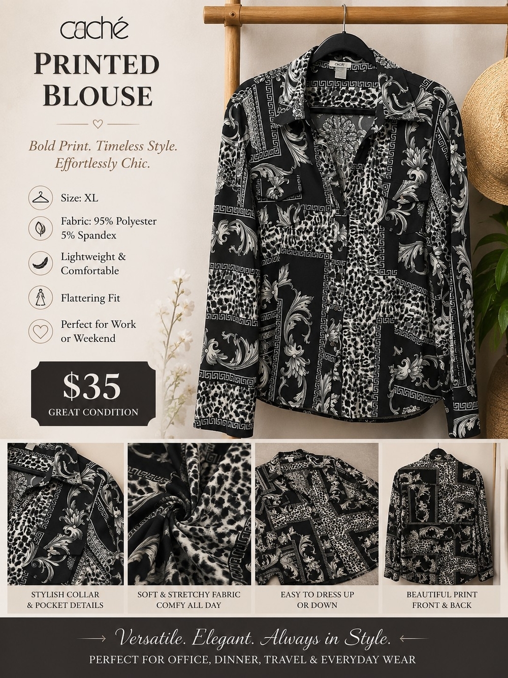 Black & White Printed Blouse - Elegant Button-Up Top